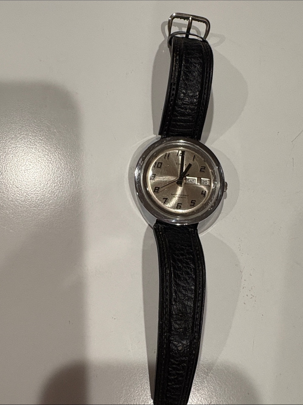 Timex Black Leather Strap Watch with Silver Dial